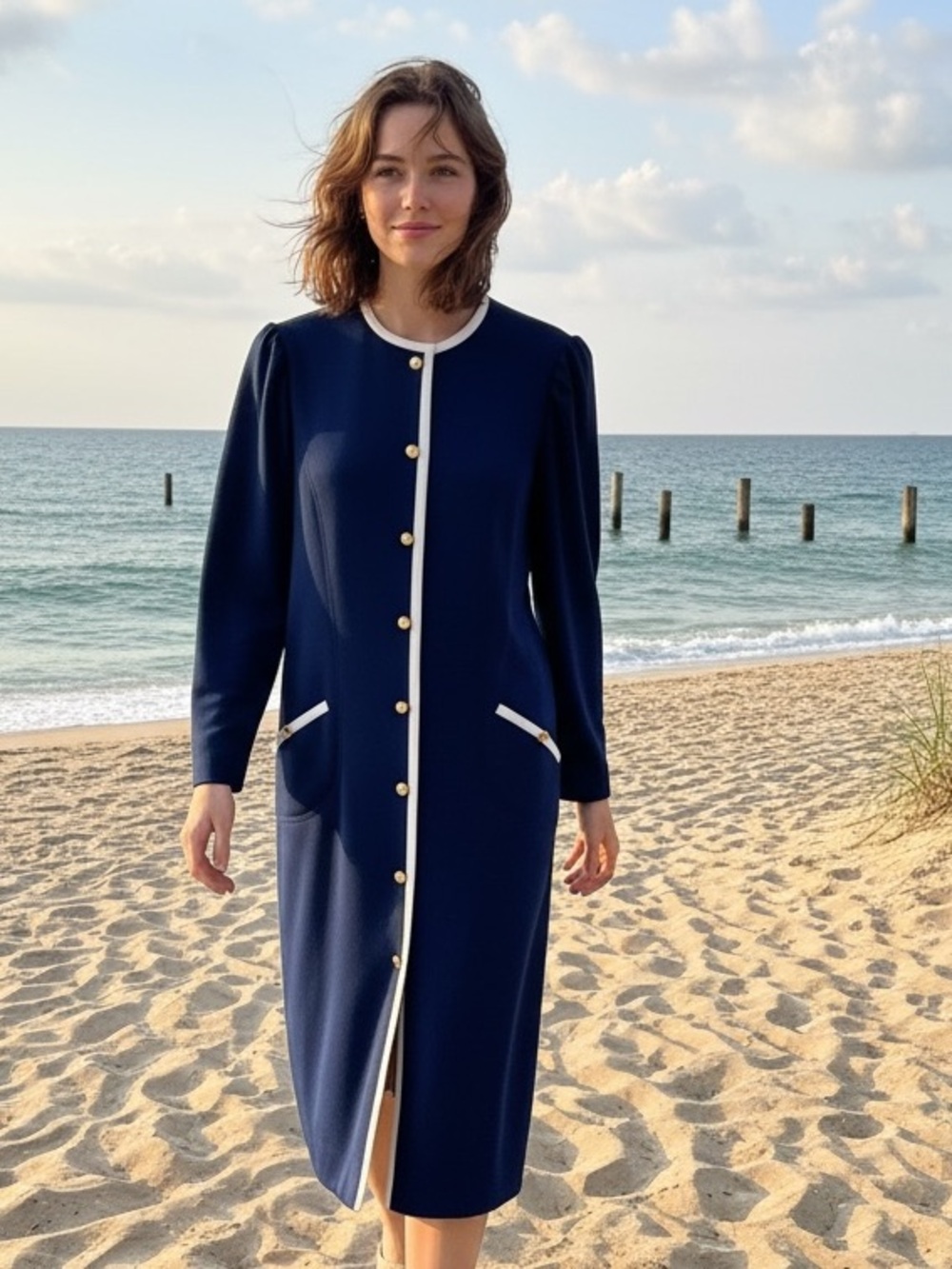 Leslie Fay NWT Vintage 1970 Retro Navy nautical  Blue Coat Dress OLD money 12